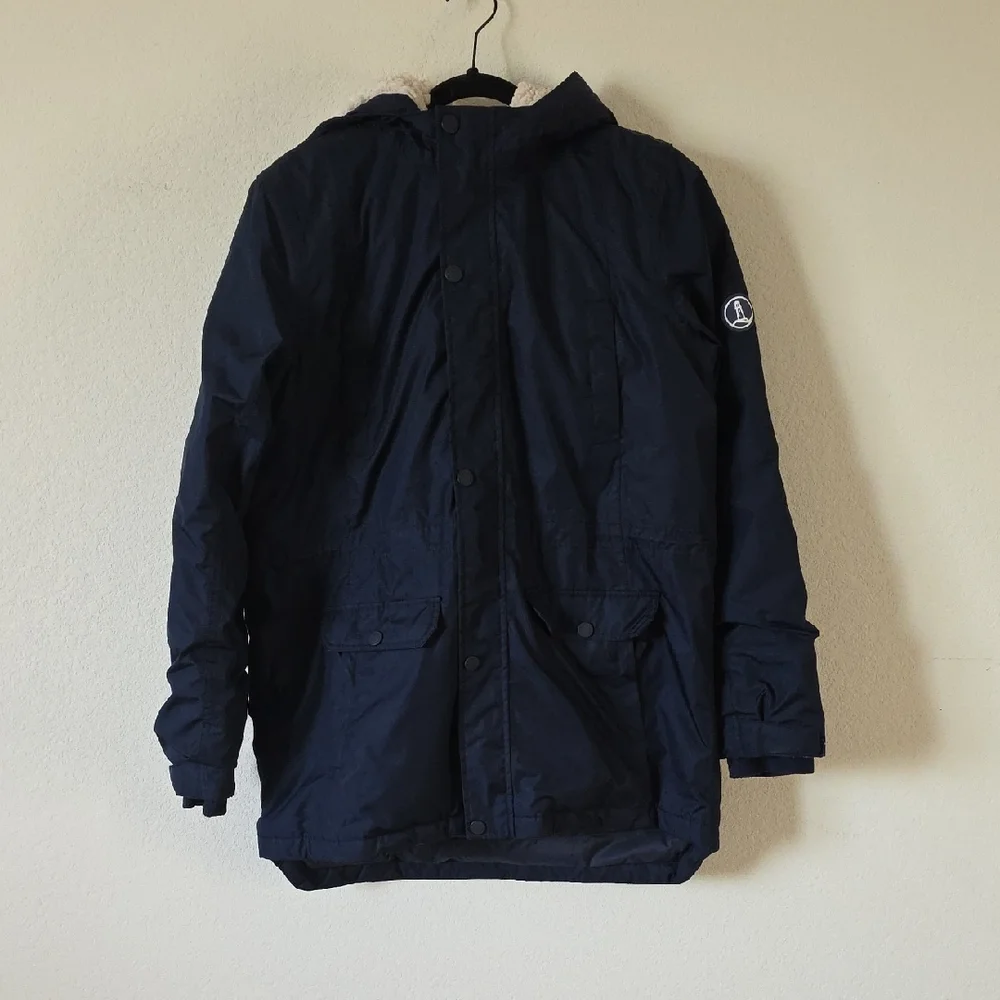 Lands' End - Unisex's Kids Large, Expedition Down Parka Navy Blue Hooded Sherpa